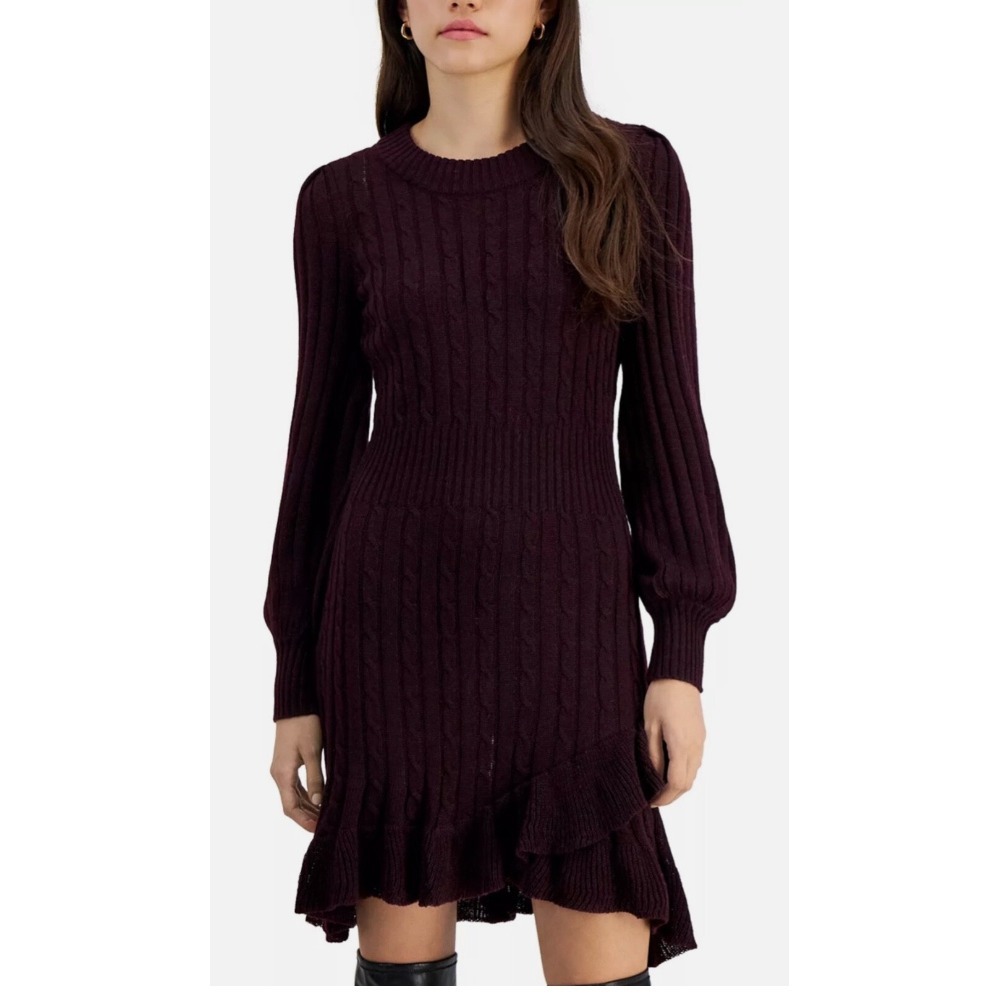 Taylor Plum Purple Cable Knit Ruffle Hem Sweater Dress Long Sleeve size PS